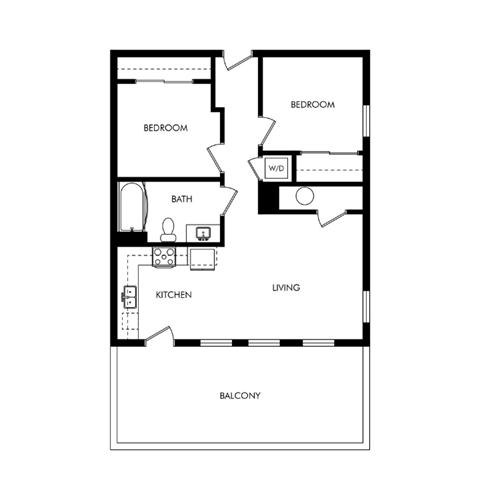 Floor plan for 2 beds, 1 bath, 614 sqft